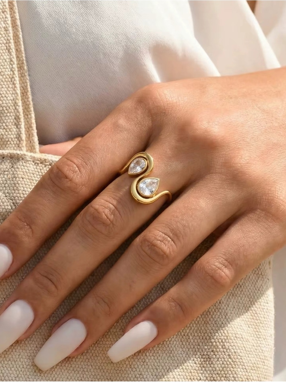 18K Gold Plated Open Ring, Dual Pear-Cut CZ Stones, Waterproof Stainless Steel